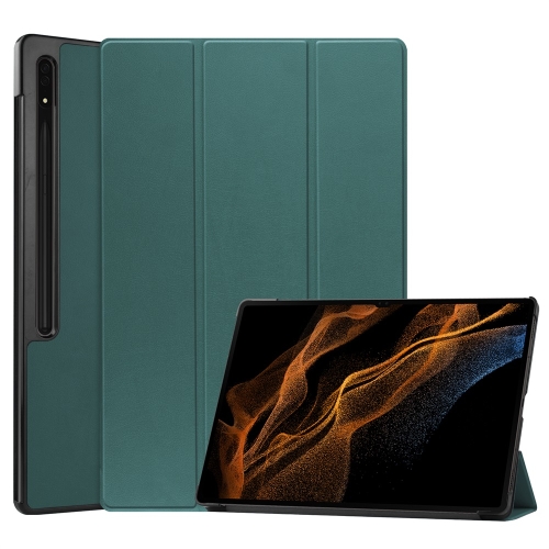 

For Samsung Galaxy Tab S9 Ultra JUNSUNMAY Custer Solid Color 3-Fold Stand Leather Smart Tablet Case(Dark Green)