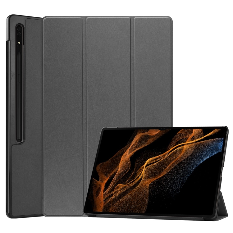 

For Samsung Galaxy Tab S9 Ultra JUNSUNMAY Custer Solid Color 3-Fold Stand Leather Smart Tablet Case(Grey)