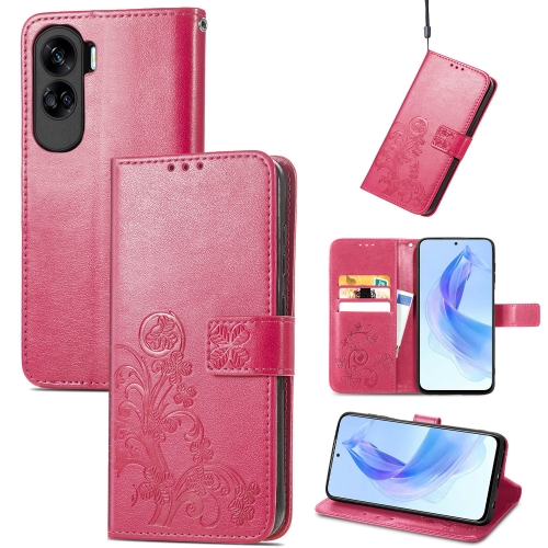 

For Honor 90 Lite Four-leaf Clasp Embossed Buckle Leather Phone Case(Magenta)