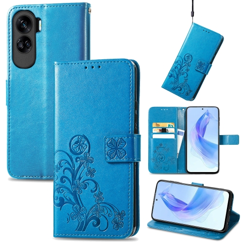 For Honor 90 Lite Four-leaf Clasp Embossed Buckle Leather Phone Case(Blue)