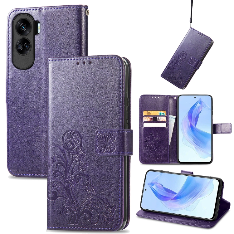 

For Honor 90 Lite Four-leaf Clasp Embossed Buckle Leather Phone Case(Purple)