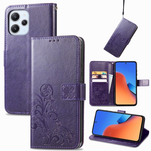 

For Xiaomi Redmi 12 5G Four-leaf Clasp Embossed Buckle Leather Phone Case(Purple)