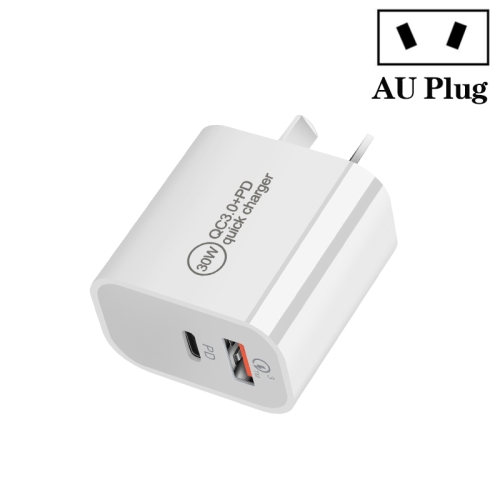 PD30W USB-C / Type-C + QC3.0 USB-oplader met dubbele poort, stekkermaat:AU-stekker