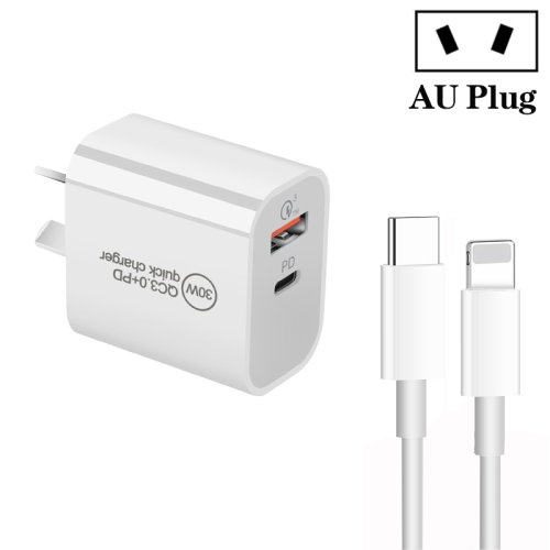 

PD30W USB-C / Type-C + QC3.0 USB Dual Port Charger with 1m Type-C to 8 Pin Data Cable, AU Plug
