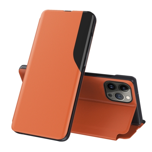 For iPhone 15 Plus Side Display Flip Leather Phone Case(Orange)