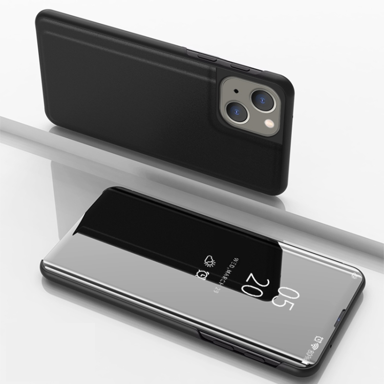 

For iPhone 15 Plated Mirror Horizontal Flip Leather Phone Case with Holder(Black)