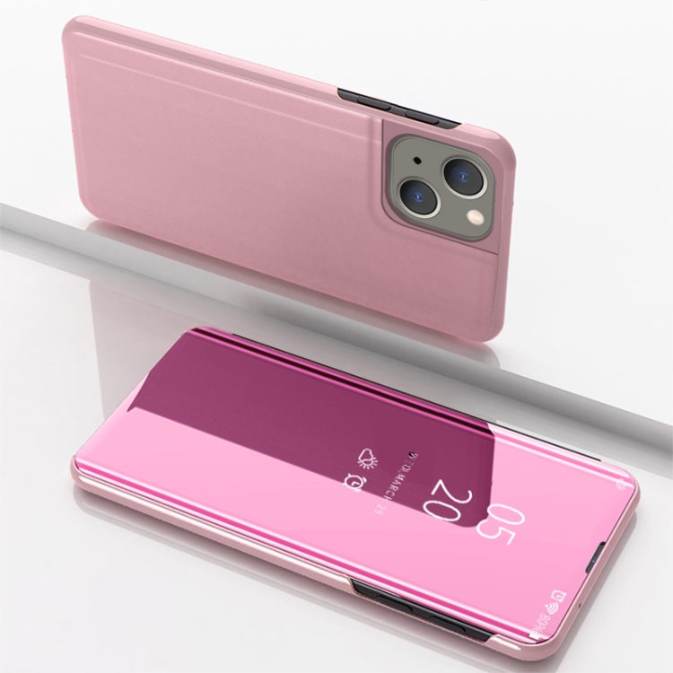 

For iPhone 15 Plated Mirror Horizontal Flip Leather Phone Case with Holder(Rose Gold)