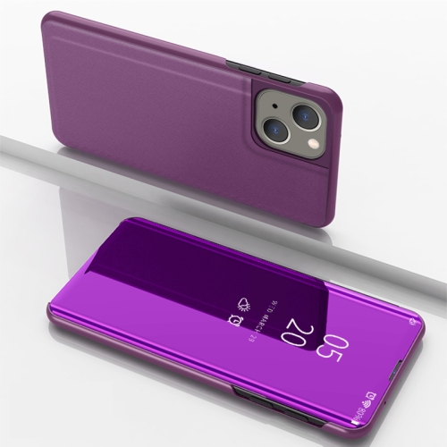 

For iPhone 15 Plated Mirror Horizontal Flip Leather Phone Case with Holder(Purple)