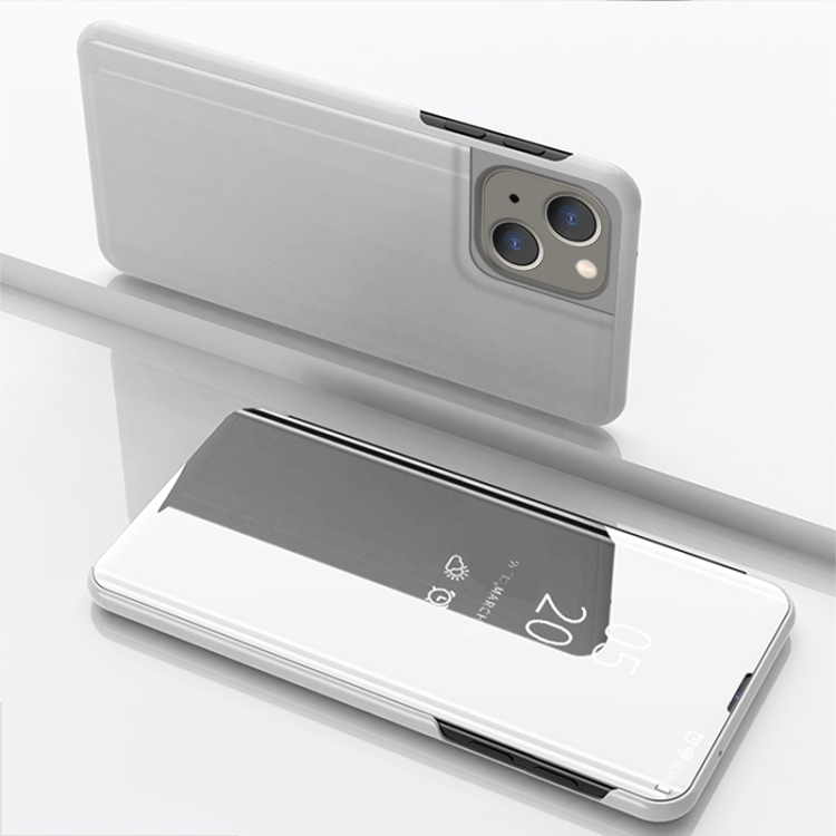 

For iPhone 15 Plus Plated Mirror Horizontal Flip Leather Phone Case with Holder(Silver)