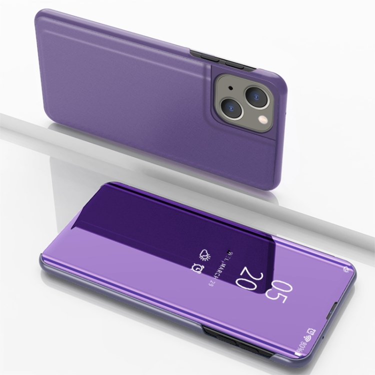 

For iPhone 15 Plus Plated Mirror Horizontal Flip Leather Phone Case with Holder(Purple Blue)