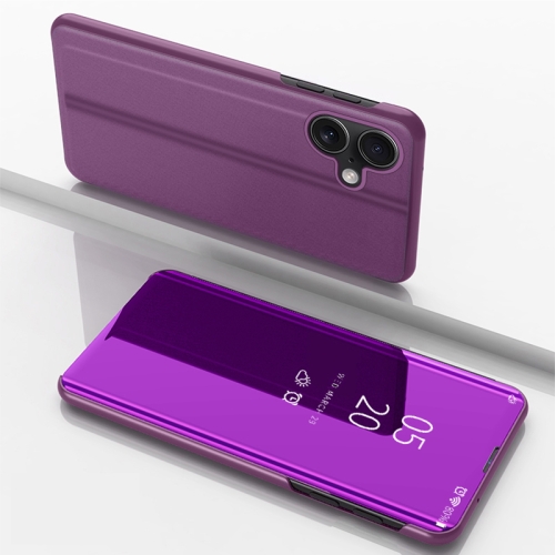 

For iPhone 16 Plus Plated Mirror Horizontal Flip Leather Phone Case with Holder(Purple)