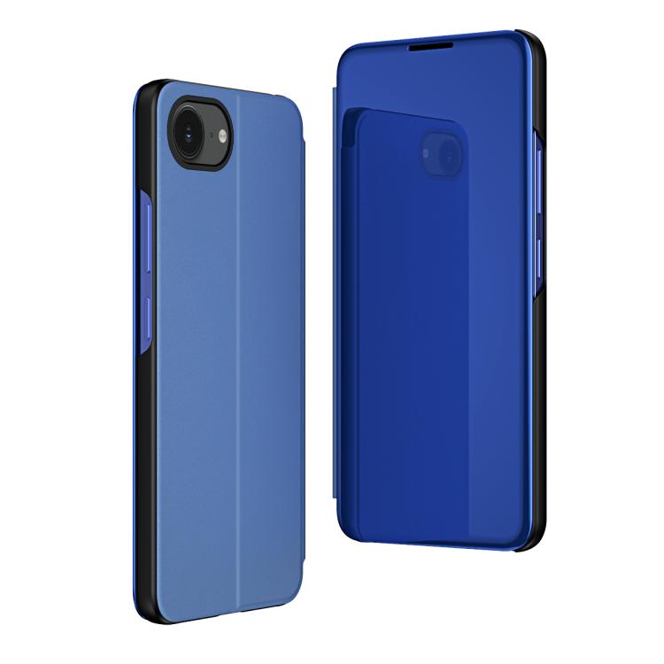 

For iPhone 16e Plated Mirror Horizontal Flip Leather Phone Case with Holder(Blue)