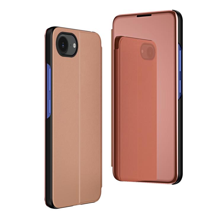 

For iPhone 16e Plated Mirror Horizontal Flip Leather Phone Case with Holder(Rose Gold)