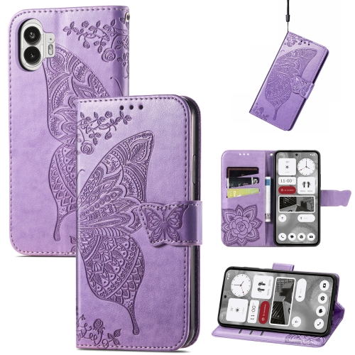 

For Nothing Phone 2 Butterfly Flower Embossed Horizontal Flip Leather Case(Iilac)