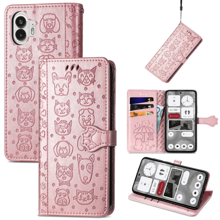 

For Nothing Phone 2 Cat and Dog Embossed Leather Phone Case(Rose Gold)