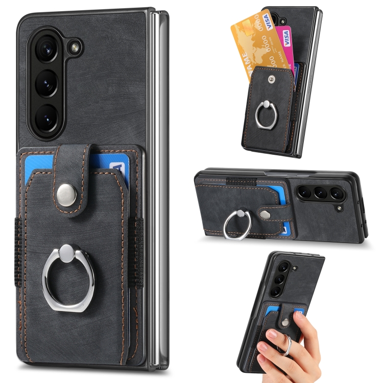 

For Samsung Galaxy Z Fold6 5G Retro Skin-feel Ring Multi-card Wallet Phone Case(Black)