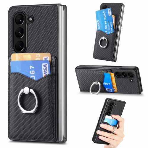

For Samsung Galaxy Z Fold6 5G Carbon Fiber Card Wallet Ring Holder Phone Case(Black)