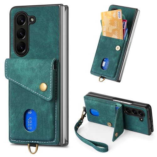 

For Samsung Galaxy Z Fold6 5G Retro Card Wallet Fold Leather Phone Case with Strap(Green)