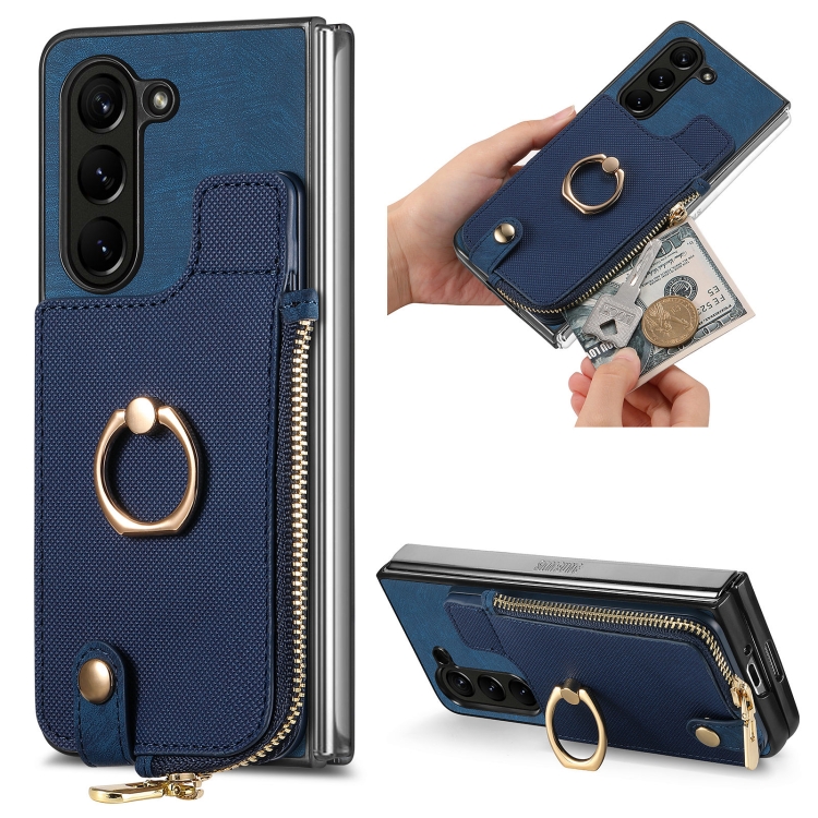 

For Samsung Galaxy Z Fold6 5G Retro Zipper Wallet Ring Leather Phone Case(Blue)