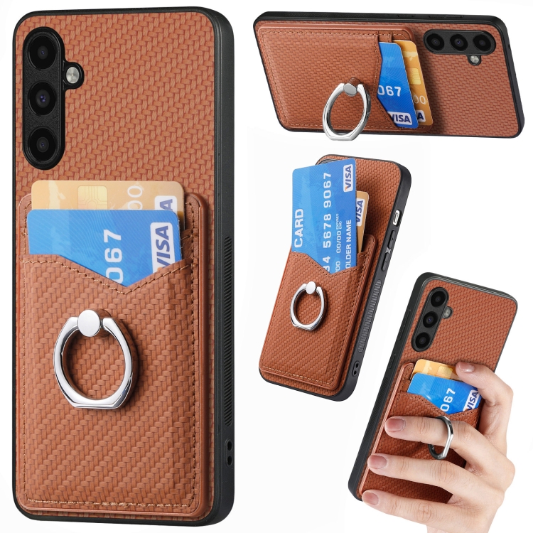 

For Samsung Galaxy A04s Carbon Fiber Card Wallet Ring Holder Phone Case(Brown)