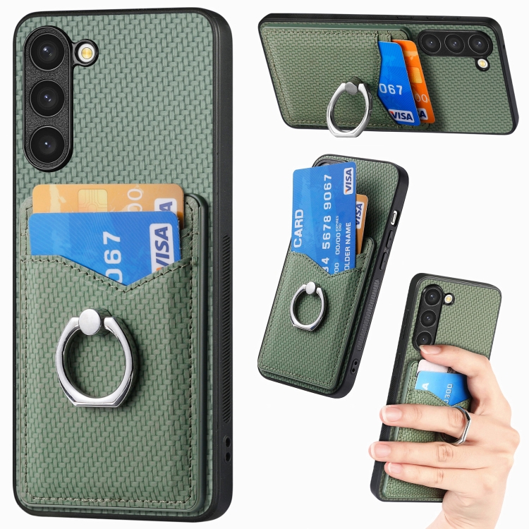 

For Samsung Galaxy S23+ 5G Carbon Fiber Card Wallet Folding Ring Holder Phone Case(Green)