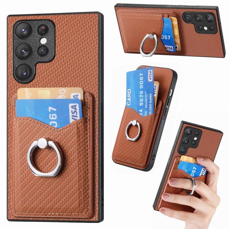

For Samsung Galaxy S23 Ultra 5G Carbon Fiber Card Wallet Ring Holder Phone Case(Brown)