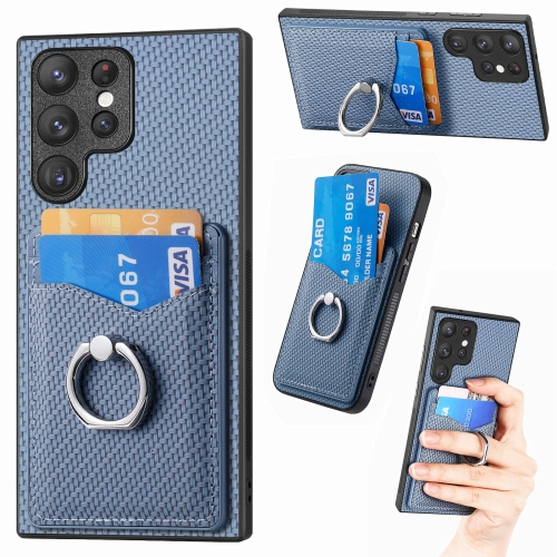 

For Samsung Galaxy S23 Ultra 5G Carbon Fiber Card Wallet Folding Ring Holder Phone Case(Blue)