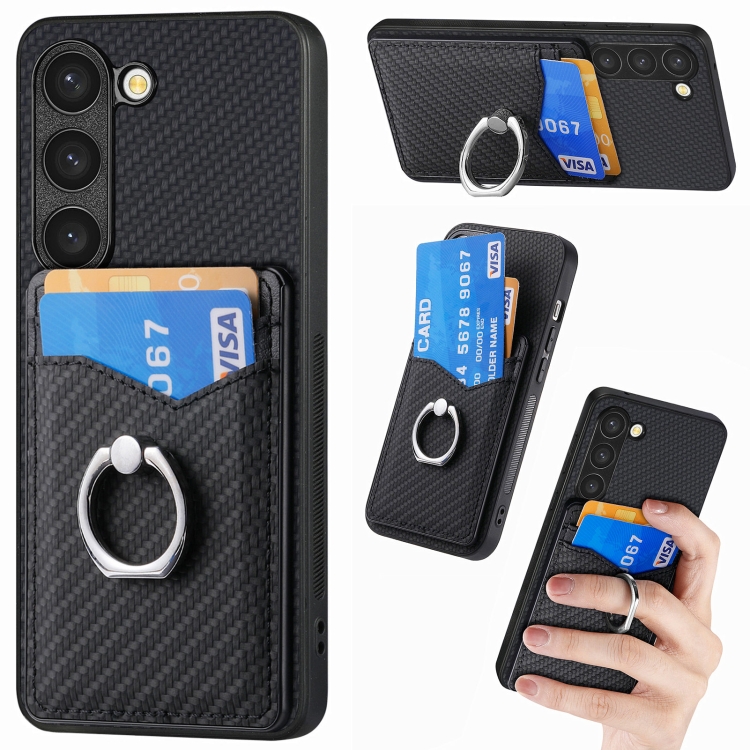 

For Samsung Galaxy S23 5G Carbon Fiber Card Wallet Folding Ring Holder Phone Case(Black)