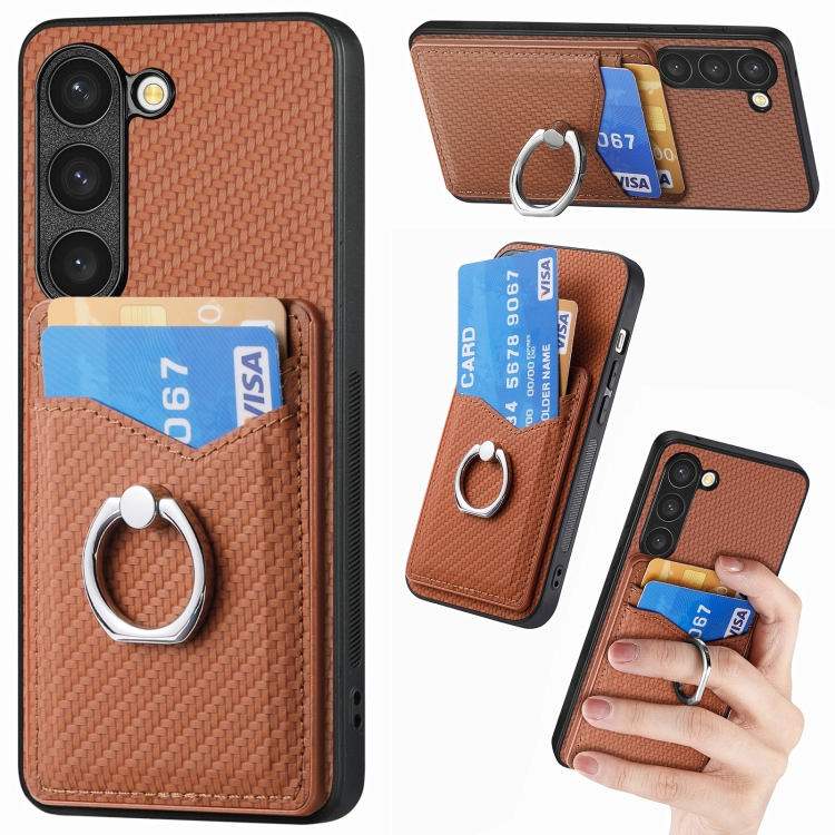 

For Samsung Galaxy S23 5G Carbon Fiber Card Wallet Folding Ring Holder Phone Case(Brown)