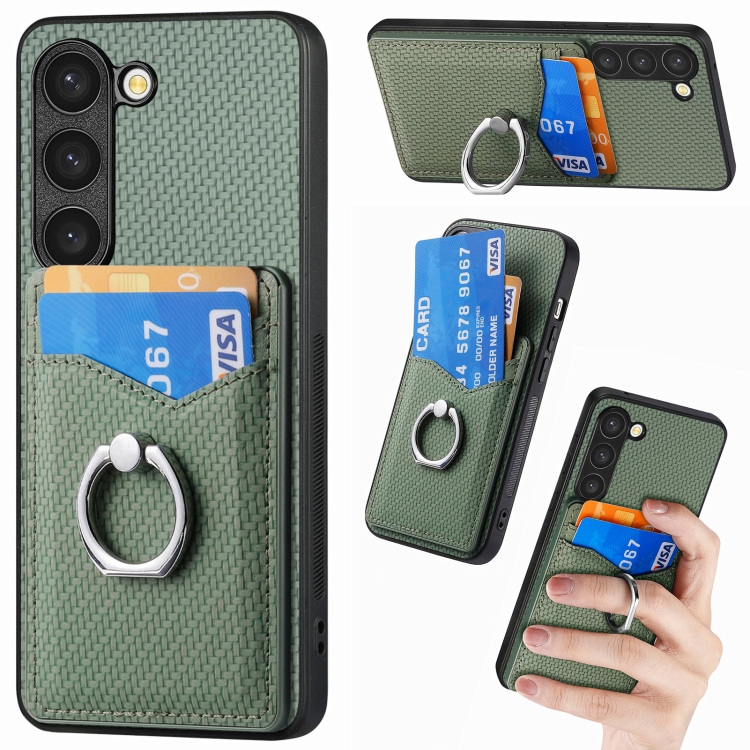 

For Samsung Galaxy S23 5G Carbon Fiber Card Wallet Folding Ring Holder Phone Case(Green)