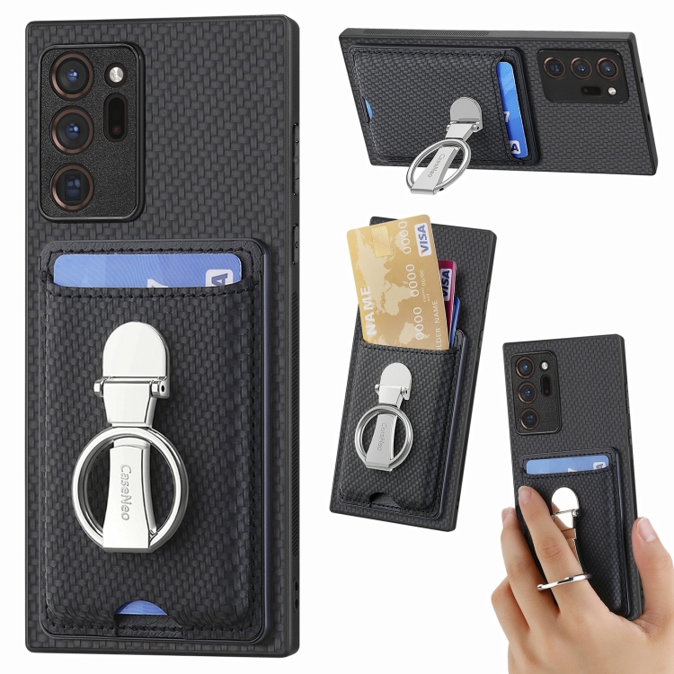 

For Samsung Galaxy Note 20 Ultra Carbon Fiber Card Wallet Folding Ring Holder Phone Case(Black)