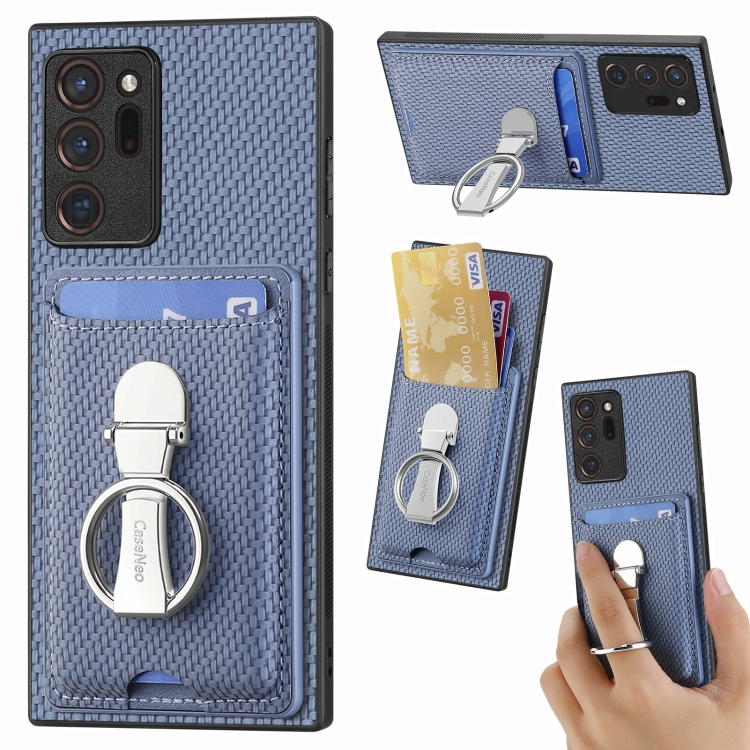 

For Samsung Galaxy Note 20 Ultra Carbon Fiber Card Wallet Folding Ring Holder Phone Case(Blue)