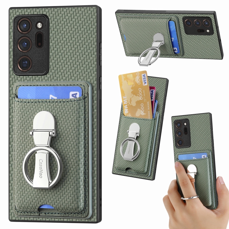 

For Samsung Galaxy Note 20 Ultra Carbon Fiber Card Wallet Folding Ring Holder Phone Case(Green)