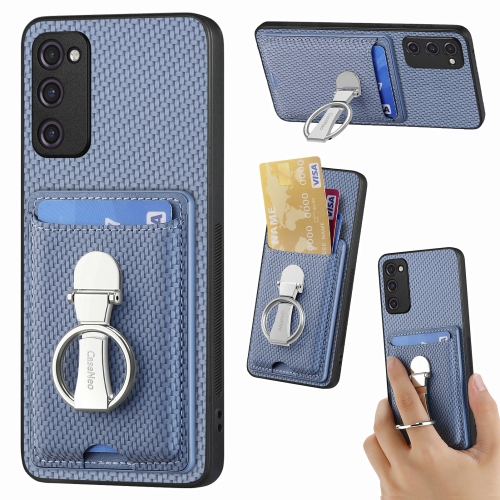 

For Samsung Galaxy S20 FE Carbon Fiber Card Wallet Folding Ring Holder Phone Case(Blue)