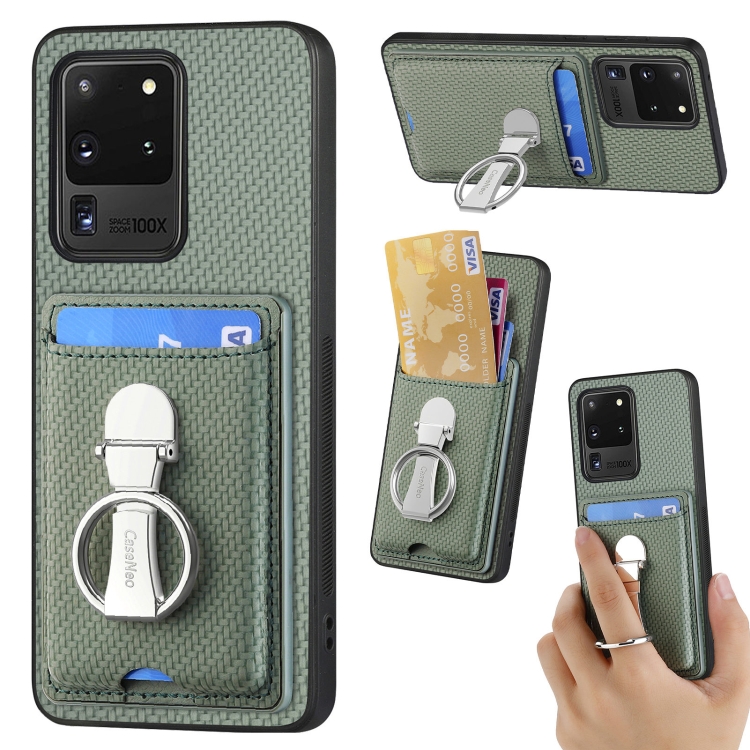 

For Samsung Galaxy S20 Ultra Carbon Fiber Card Wallet Folding Ring Holder Phone Case(Green)