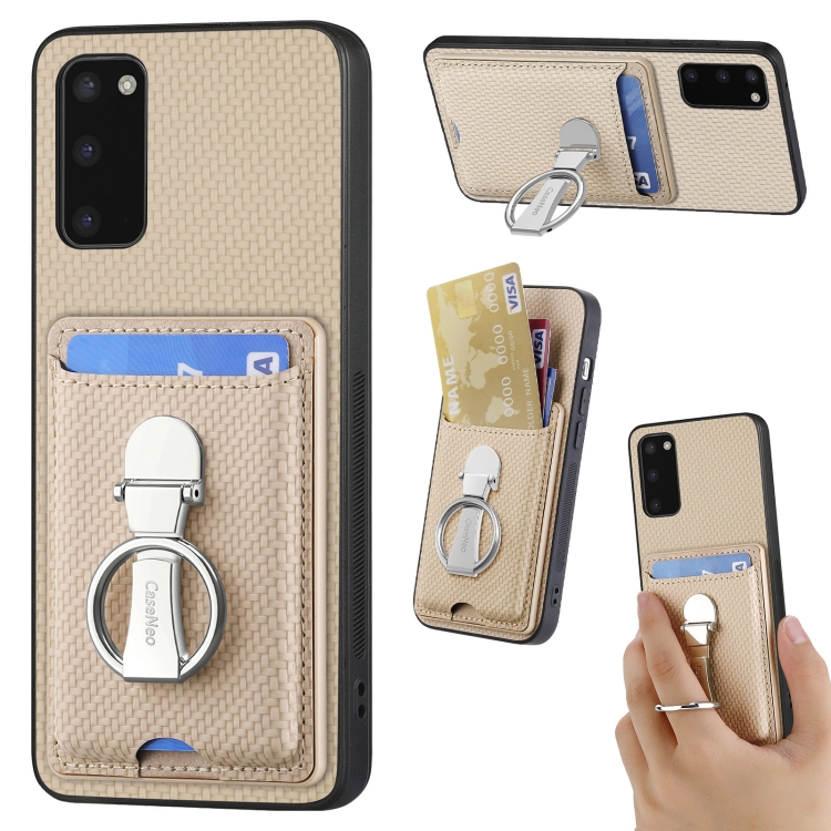 

For Samsung Galaxy S20 Carbon Fiber Card Wallet Folding Ring Holder Phone Case(Khaki)