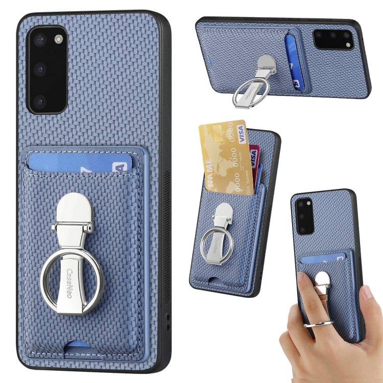 

For Samsung Galaxy S20 Carbon Fiber Card Wallet Folding Ring Holder Phone Case(Blue)