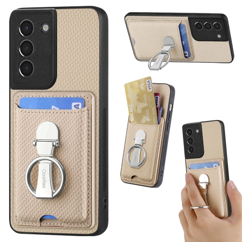 

For Samsung Galaxy S21+ 5G Carbon Fiber Card Wallet Folding Ring Holder Phone Case(Khaki)