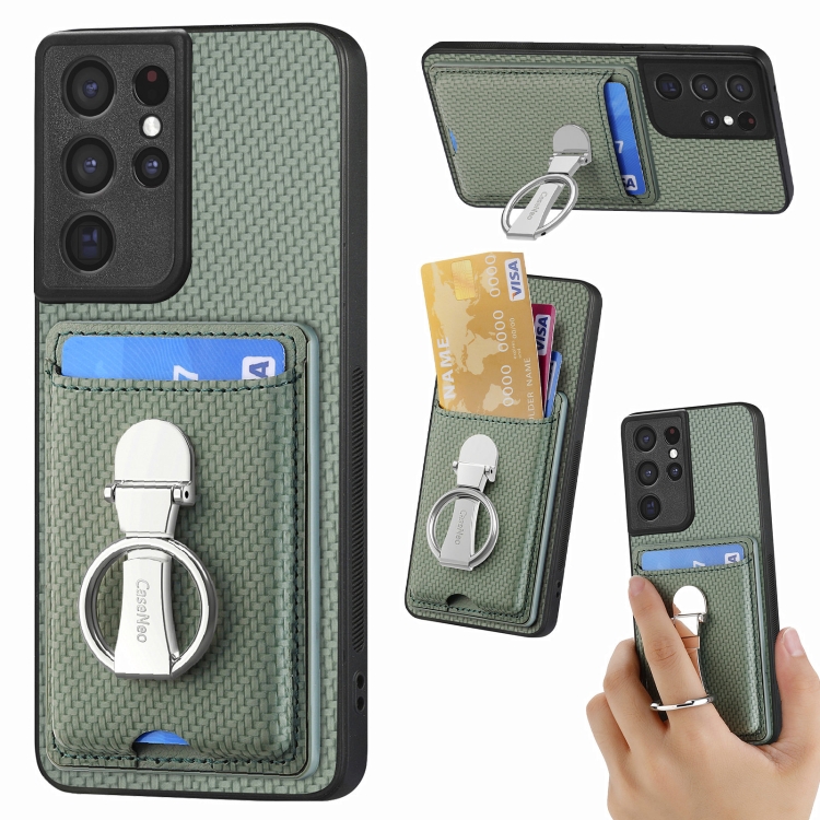 

For Samsung Galaxy S21 Ultra 5G Carbon Fiber Card Wallet Ring Holder Phone Case(Green)