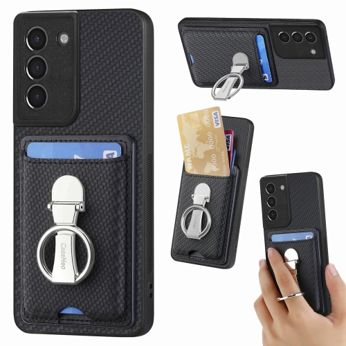 

For Samsung Galaxy S21 5G Carbon Fiber Card Wallet Ring Holder Phone Case(Black)