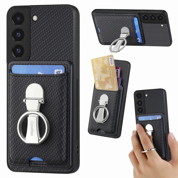 

For Samsung Galaxy S22 5G Carbon Fiber Card Wallet Folding Ring Holder Phone Case(Black)