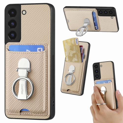 

For Samsung Galaxy S22 5G Carbon Fiber Card Wallet Folding Ring Holder Phone Case(Khaki)