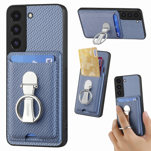 

For Samsung Galaxy S22 5G Carbon Fiber Card Wallet Folding Ring Holder Phone Case(Blue)