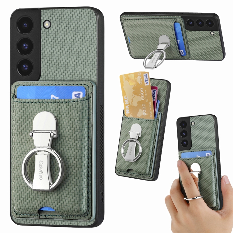

For Samsung Galaxy S22 5G Carbon Fiber Card Wallet Folding Ring Holder Phone Case(Green)