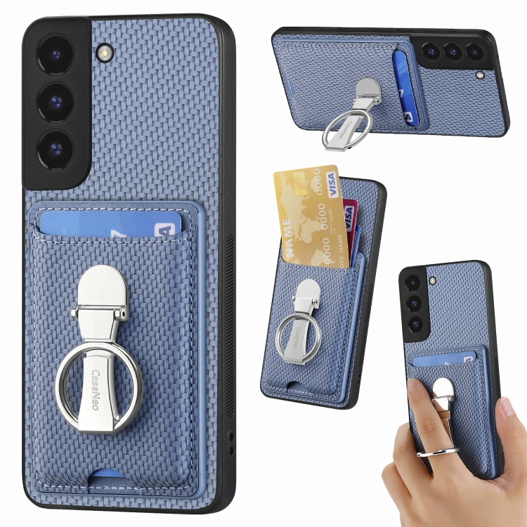 

For Samsung Galaxy S22+ 5G Carbon Fiber Card Wallet Folding Ring Holder Phone Case(Blue)