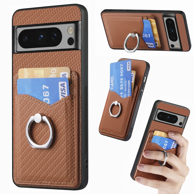 

For Google Pixel 8 Pro Carbon Fiber Card Wallet Ring Holder Phone Case(Brown)
