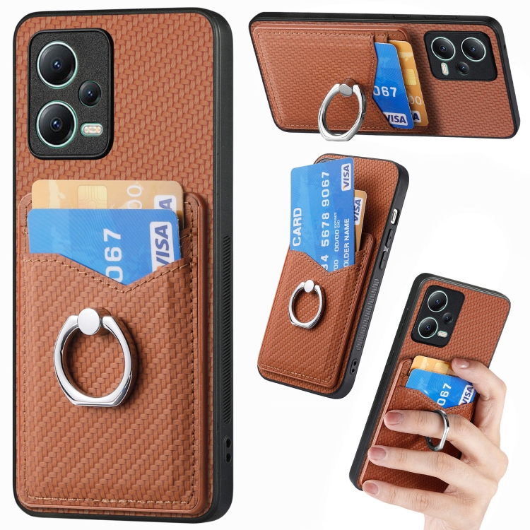 

For Xiaomi 13 Lite Carbon Fiber Card Wallet Ring Holder Phone Case(Brown)