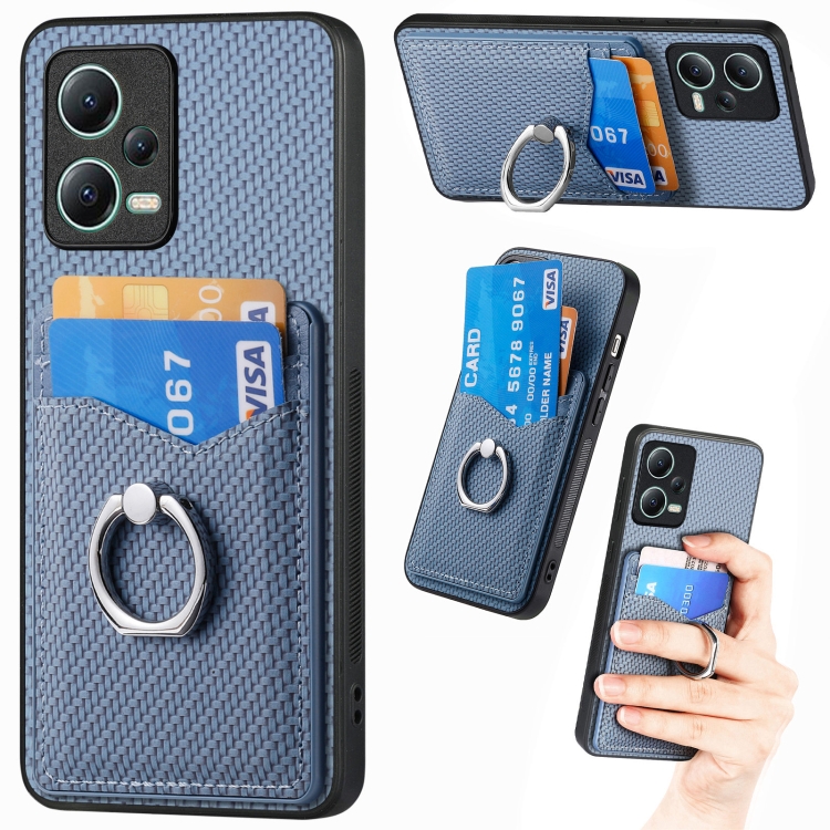 

For Xiaomi 13 Lite Carbon Fiber Card Wallet Ring Holder Phone Case(Blue)