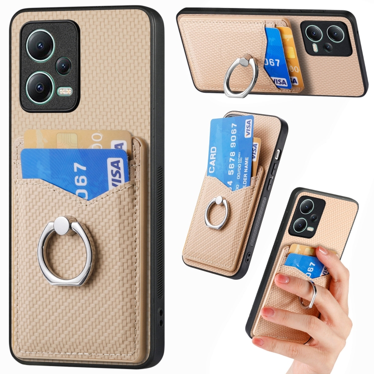 

For Xiaomi 13 Lite Carbon Fiber Card Wallet Ring Holder Phone Case(Khaki)