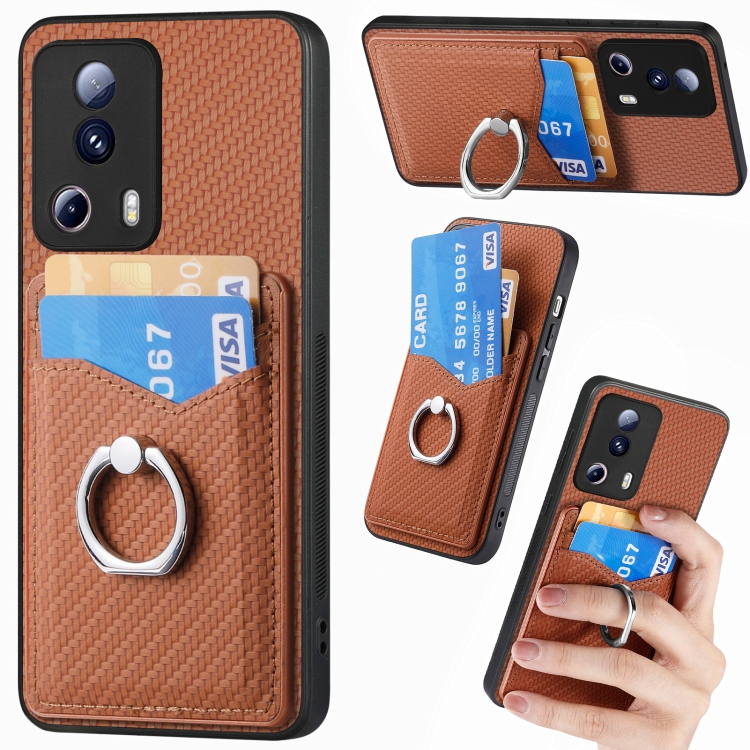 

For Xiaomi Redmi Note 12 5G Carbon Fiber Card Wallet Ring Holder Phone Case(Brown)